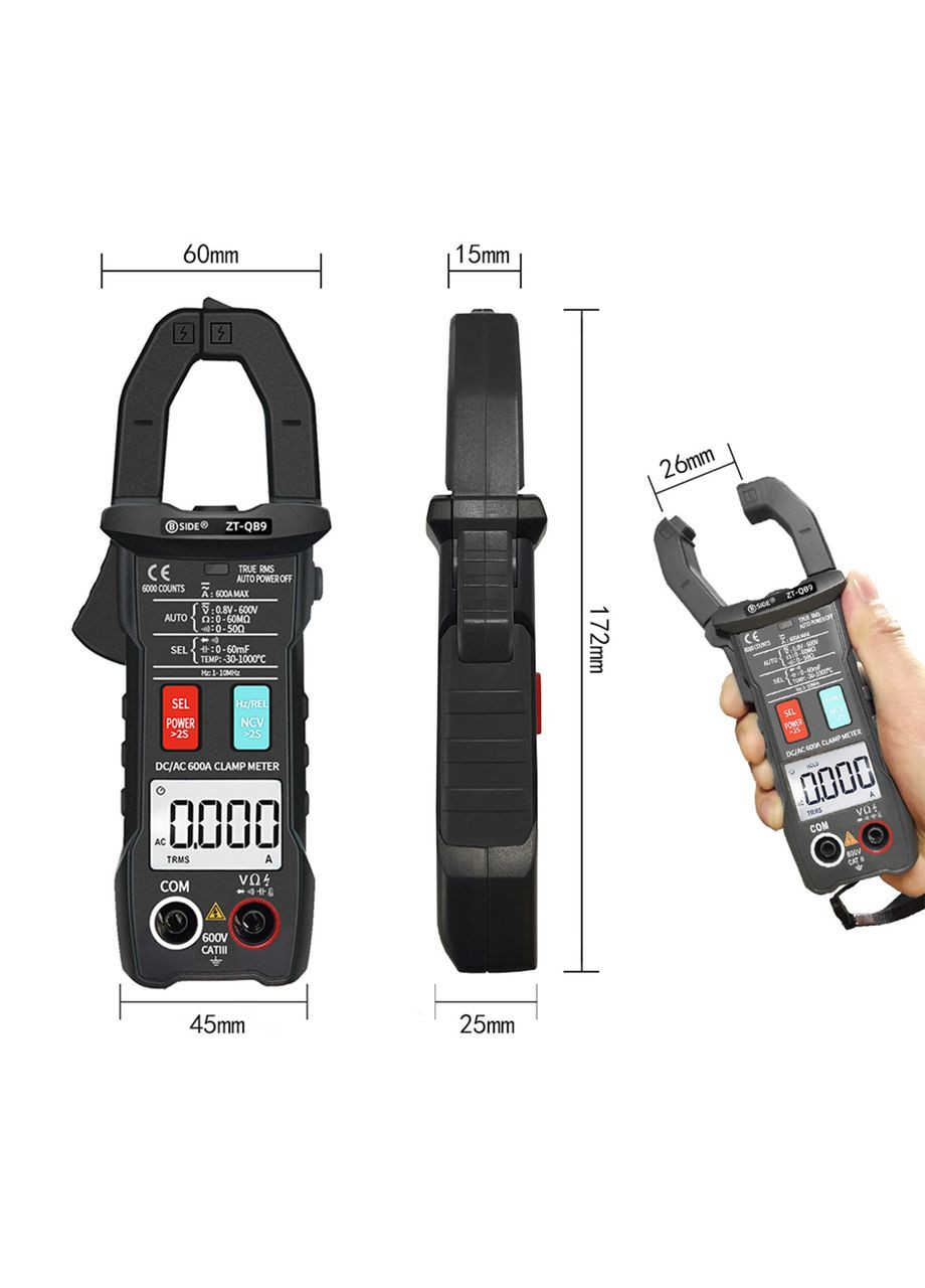 Струмовимірювальні кліщі / мультиметр цифровий ZT-QB9, True RMS, AC/DC Bside (300577499)