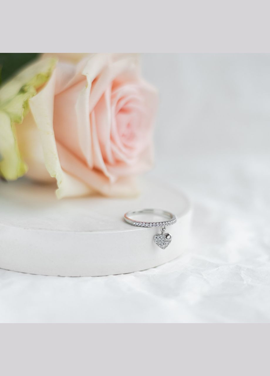 Кольцо серебряное тонкое Сердечко подвеска с белыми фианитами No Brand (333705508)