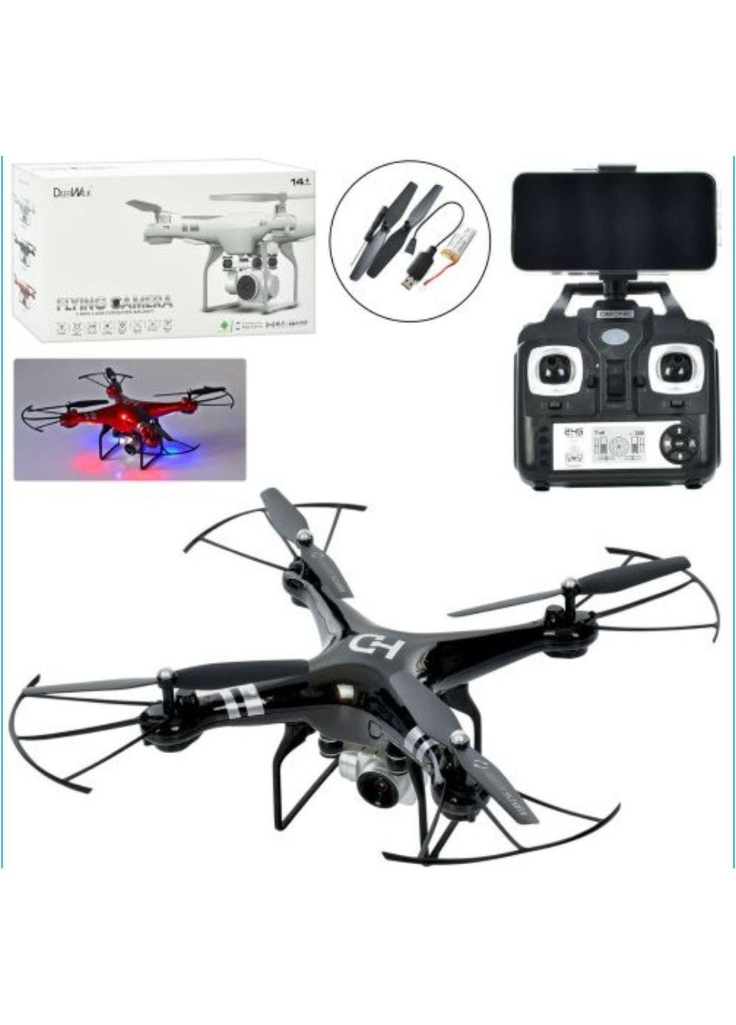 Квадрокоптер із камерою на радіокеруванні CK-23 акумулятор USB зарядне додаткові лопаті світло 27см Чорний Mhz (363831054)