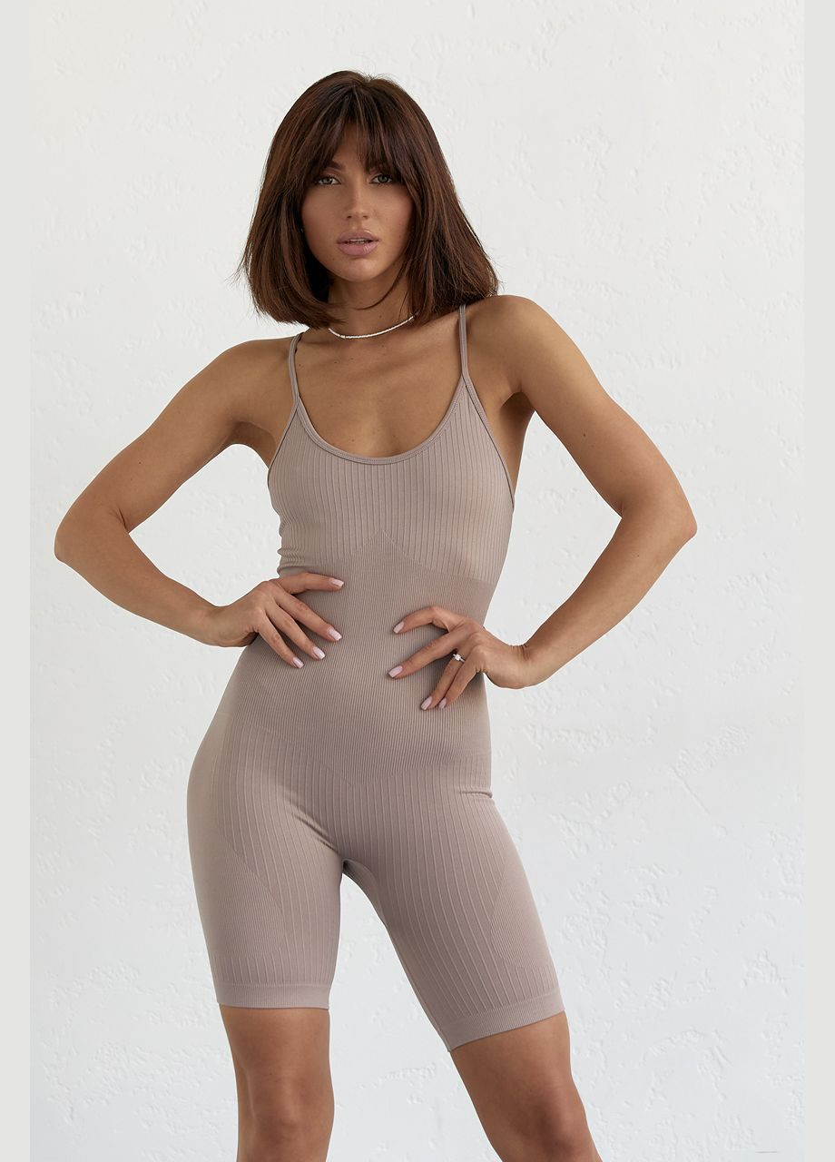 Женский спортивный комбинезон на бретелях Liton комбинезон-шорты однотонный кофейный спортивный полиамид, эластан