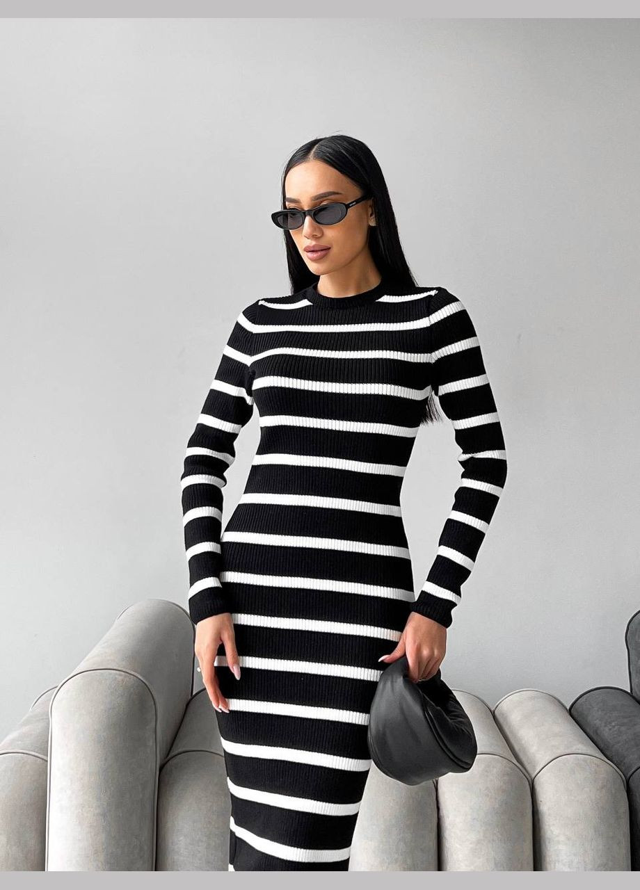 Черное женское платье миди в полоску цвет черный-белый р.42/46 449384 New Trend