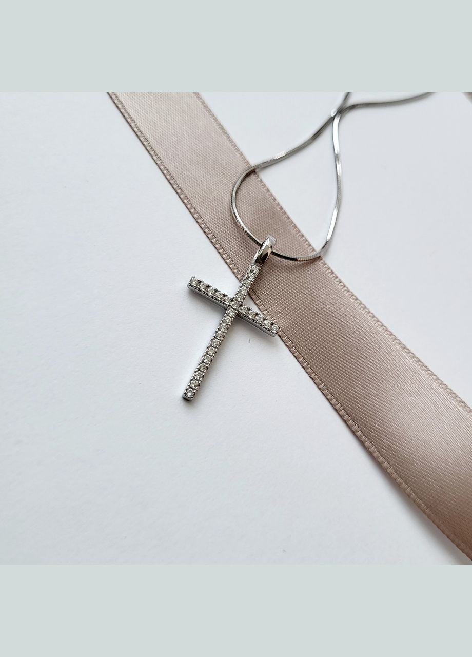 Серебряный прямой крестик Крест с Белыми камнями серебро 925 пробы Родированное 991 0.89г No Brand (306741186)