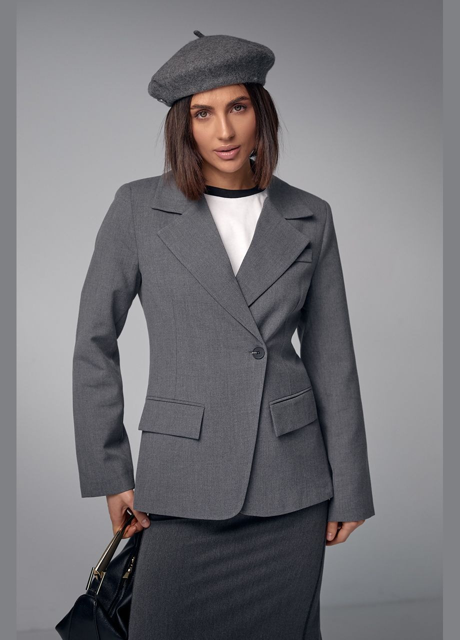 Серый женский женский однобортный пиджак приталенного кроя 11017 Lurex однотонный - демисезонный