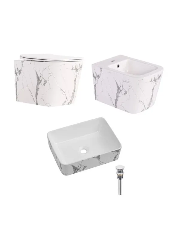 Комплект Tern Marble 3 в 1: подвесной унитаз Ultra Quiet + биде подвесное + раковина накладная QTTERMR49164 Qtap (397570633)