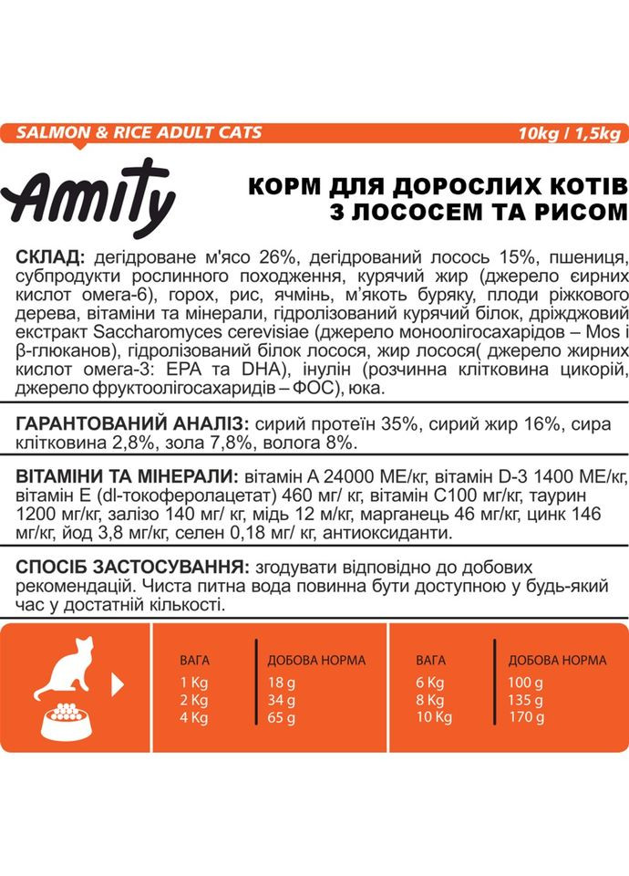 Сухой корм для кошек с лососем и рисом 1.5 кг (8436538949085) AMITY (364787602)