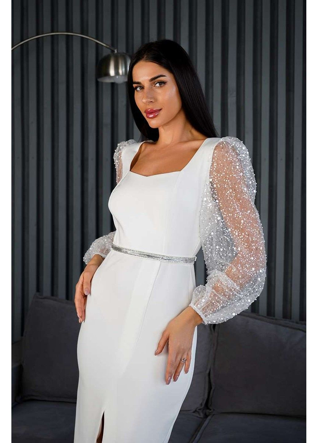 Молочна коктейльна сукня бісерні рукави 24084 молочна Tanita-Romario
