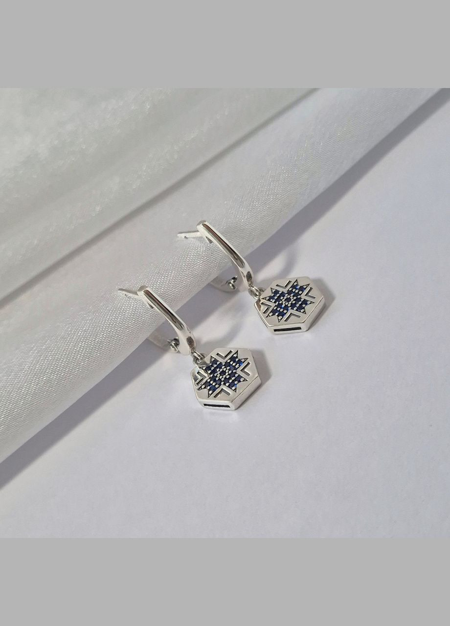 Серебряные серёжки серьги Вышиванка с Синими камнями черненное серебро 925 пробы 82152с 5.34г No Brand (307289206)