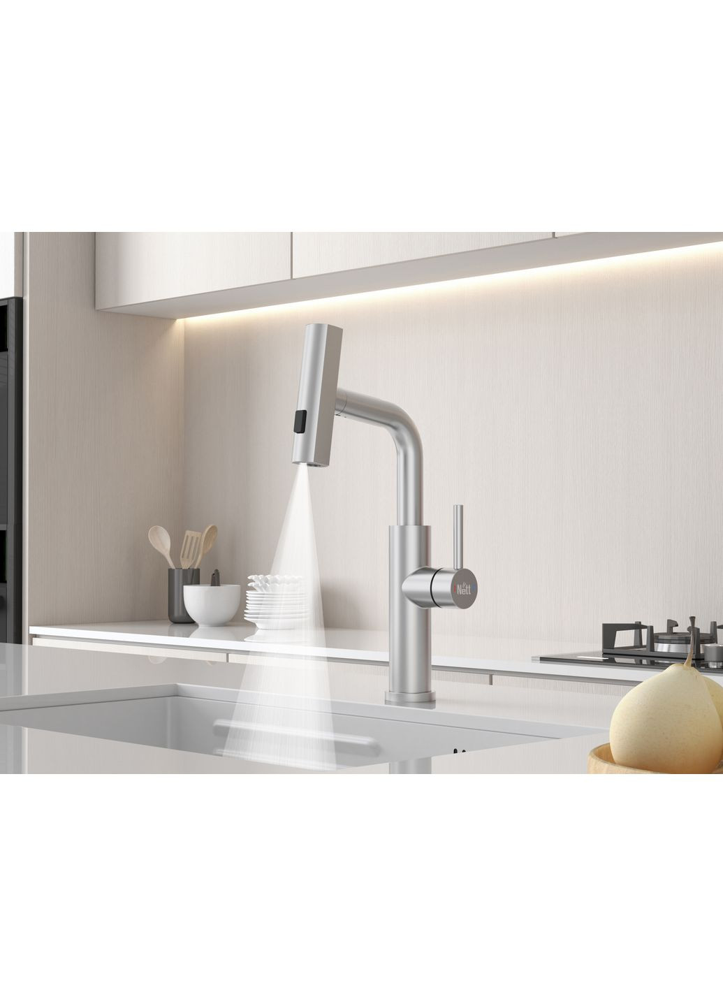 Змішувач на кухню водоспад з висувною лійкою нержавіючий Nett LS-35 (352730007)