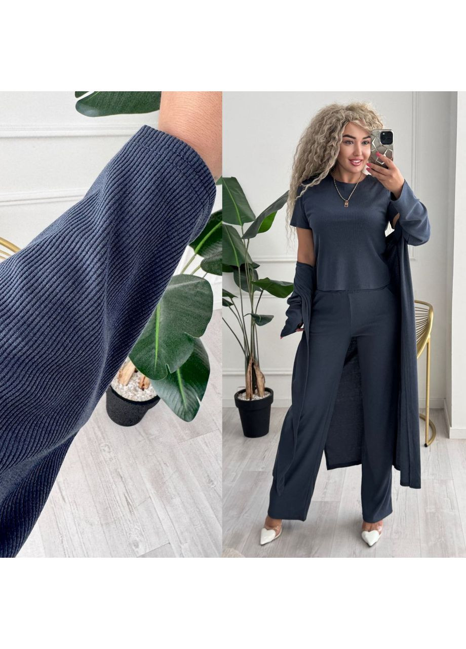 Жіночий костюм трійка в рубчик: кардиган + брюки + футболка MonCher (351554786)