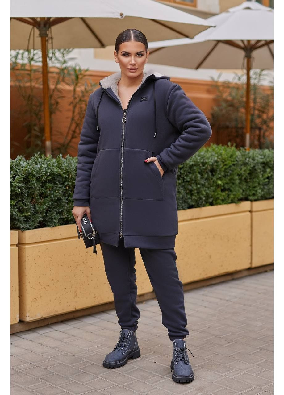 Графітова зимня жіноча подовжена куртка з капюшоном на хутрі овчина | стильні кольори | заміри в описі куртка-пальто DK/DL Мода без кордонів