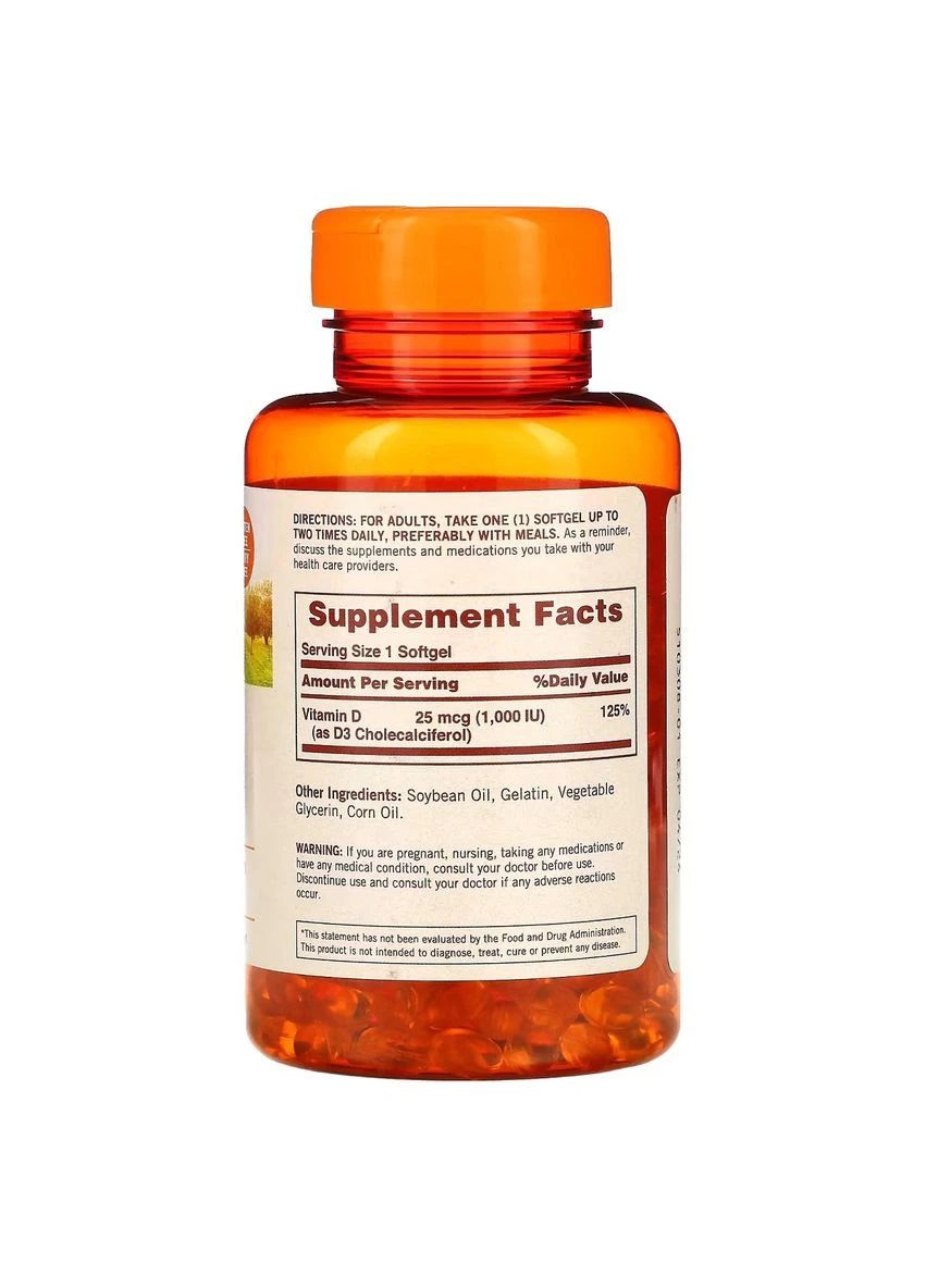 Вітамін D3, 1000 МО, Vitamin D3, Naturals, 400 гелевих капсул Sundown Naturals (322741212)