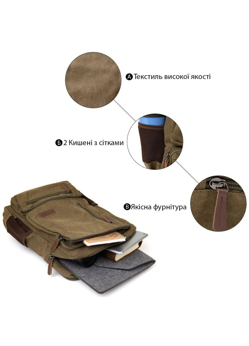 Рюкзак для ноутбука дорожній текстильний унісекс на два відділення зелений 31х42х16 см 20612 Vintage (362417959)