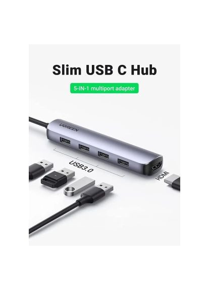 Концентратор (20197) Ugreen USB-C to 4xUSB 3.0 + HDMI CM417 gray (366646181)
