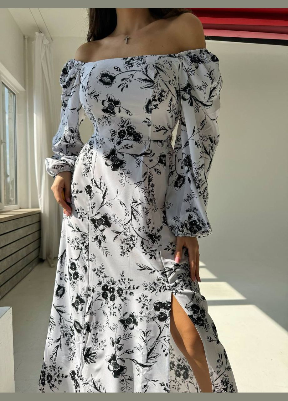 Білий ніжна принтована сукня-максі з довгим рукавом і відкритим декольте, літня красива біла з чорною квіткою сукня No Brand з квітковим принтом