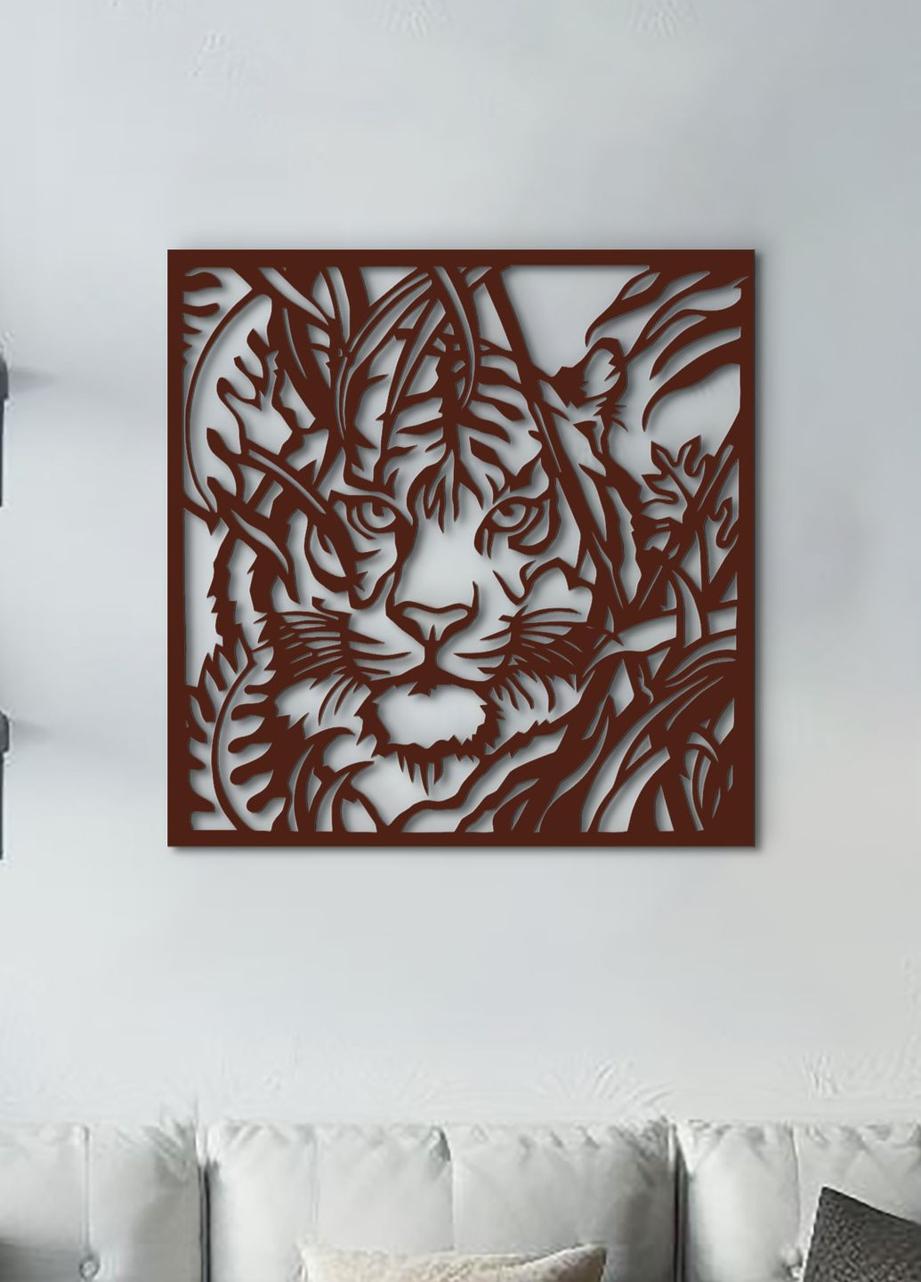 Сучасна картина для інтер'єру, сучасний декор стін "Полювання тигра", мінімалістичний стиль 70х75 см Woodyard (292112007)