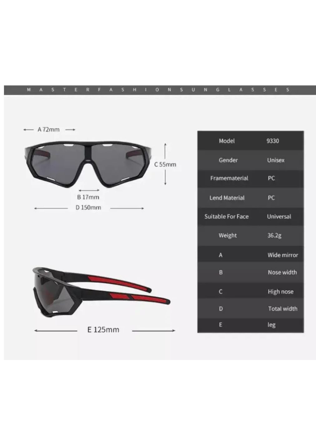 Очки спортивные унисекс UV400 чёрные ударопрочные лёгкие для путешествий, рыбалки, бега, велосипеда, горных походов No Brand (364859620)