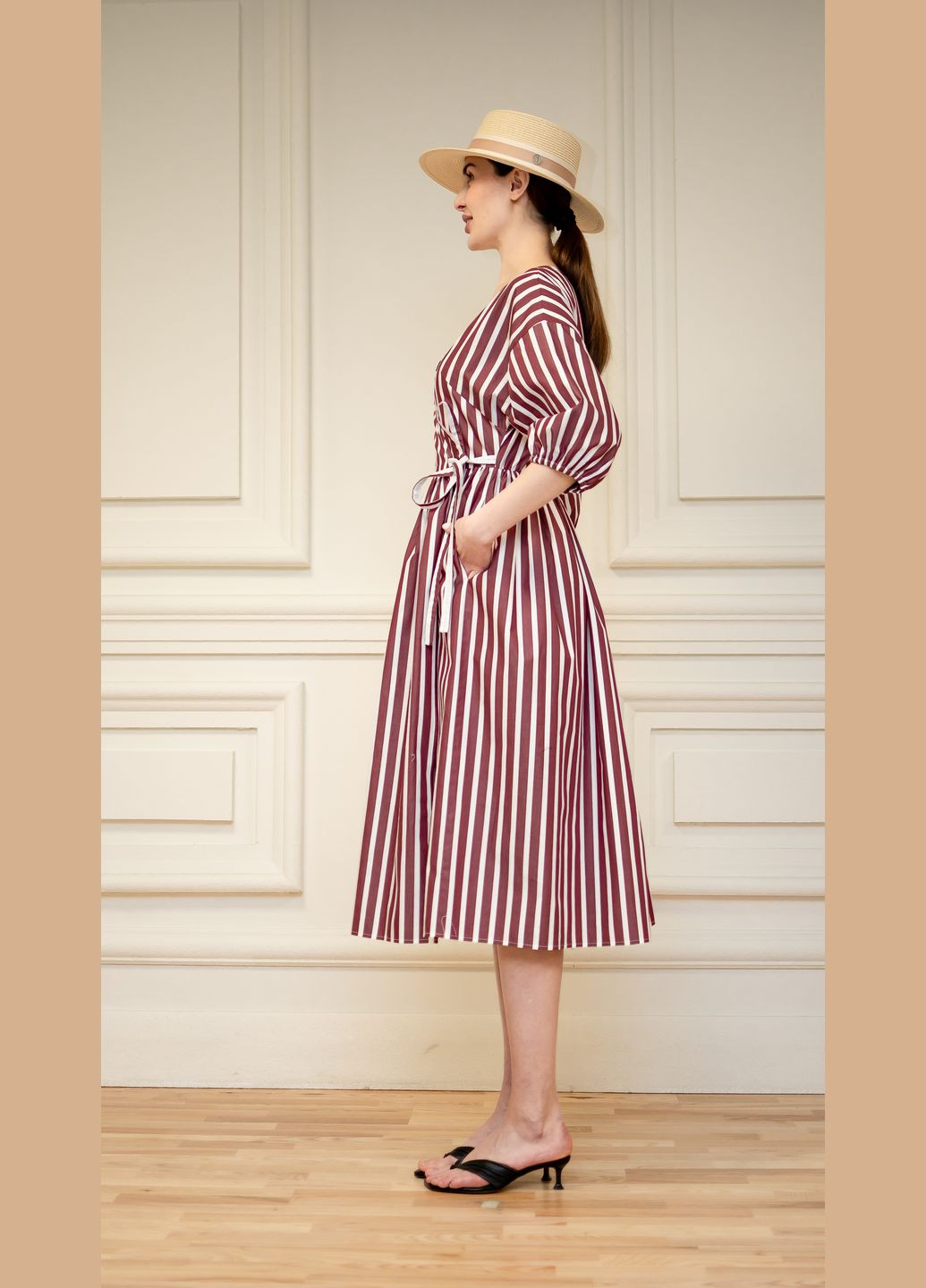 Бордова смугаста бавовняна сукня моава на запах Dolcedonna