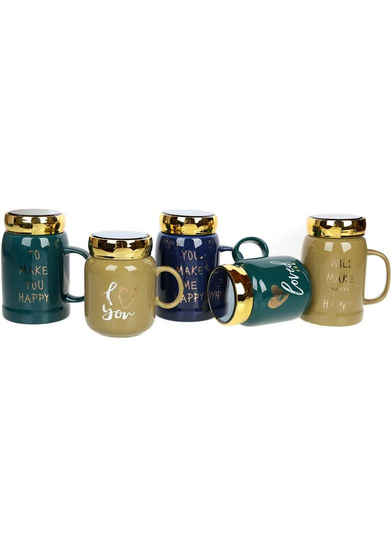 Кухоль порцеляновий 550мл Arabella з кришкою хакі для гарячих напоїв стильний кухоль для чаю та кави Bona (368981764)