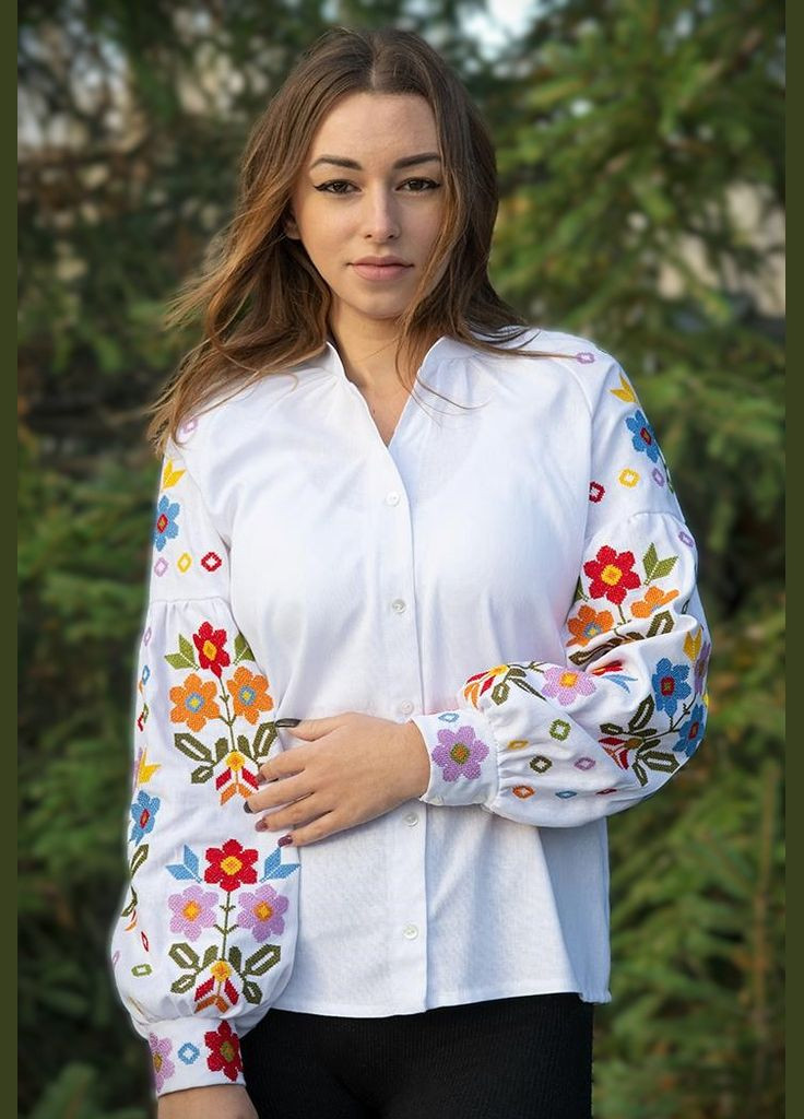 Белая женская белая льняная вышиванка рубашка с яркой цветочной вышивкой узор цветочный приталенная, свободная, прямой лен (325451631)