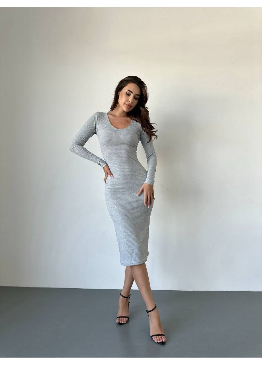 Серое праздничный платье из ткани рубчик — замеры в описании силуэтная Vione однотонное