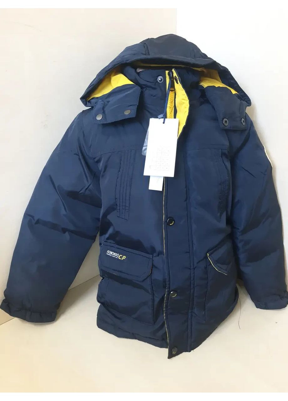 Синя зимня подовжена зимова куртка пуховик пальто на овчині для хлопчика синя 134 140 146 152 No Brand