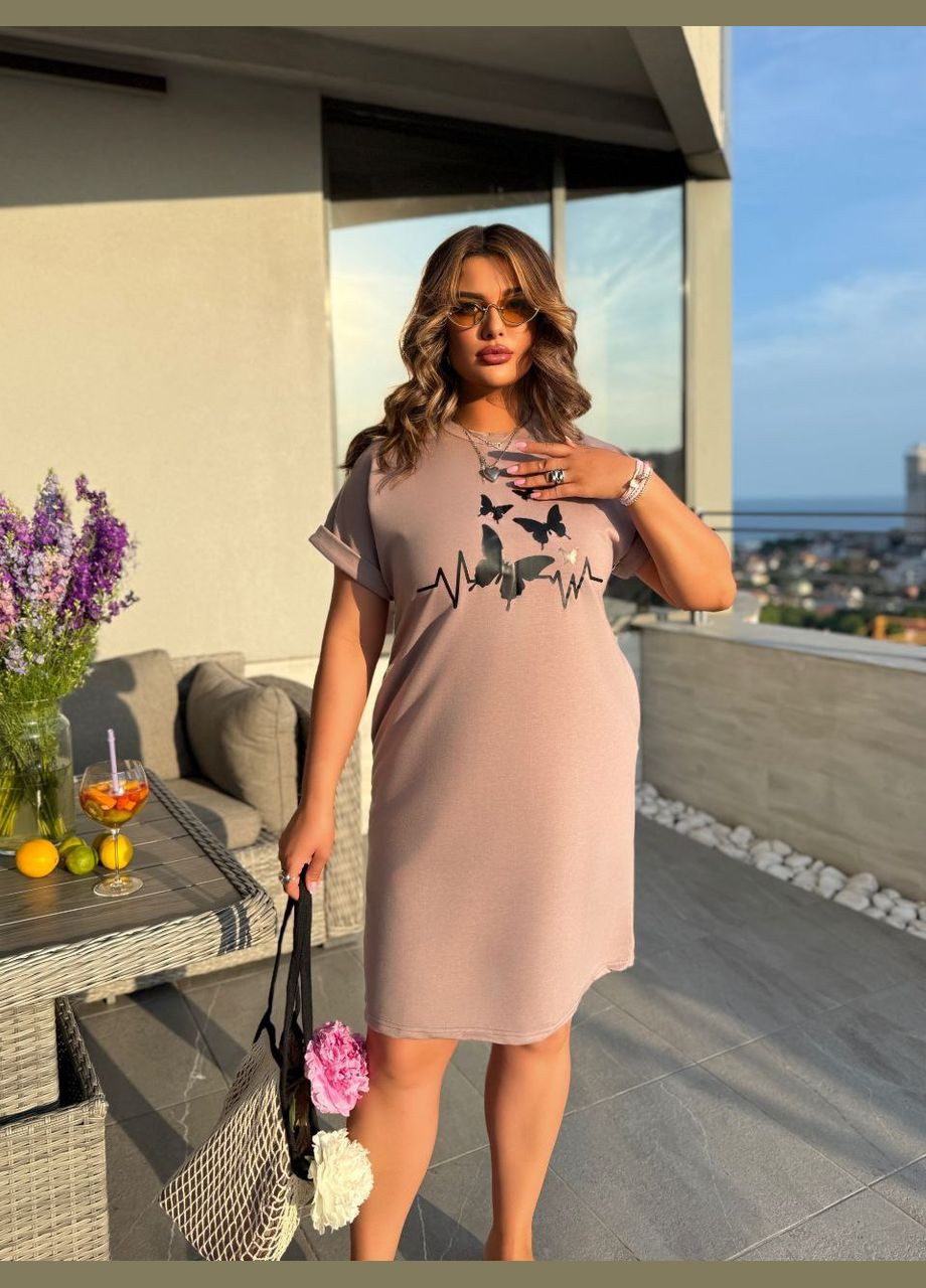 Пудрова жіноча літня сукня з малюнком пудрового кольору 33494 сукня-футболка Fashion з квітковим принтом