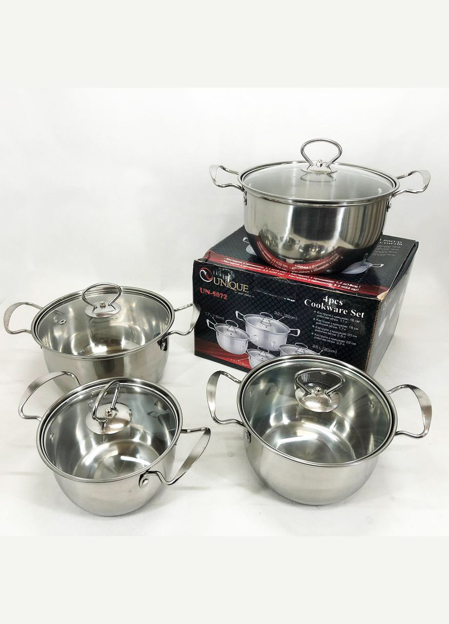 Набор кастрюль UN-5072 8 предметов нержавеющая сталь стеклянные крышки, Набор посуды для плит Unique (364665684)