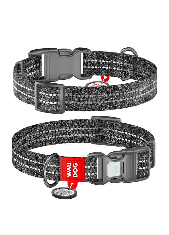 Нашийник Re-cotton з QR паспортом, відновлена бавовна, пластикова пряжка (ширина 20 мм, довжина 28-40 см), сірий WAUDOG (322001630)