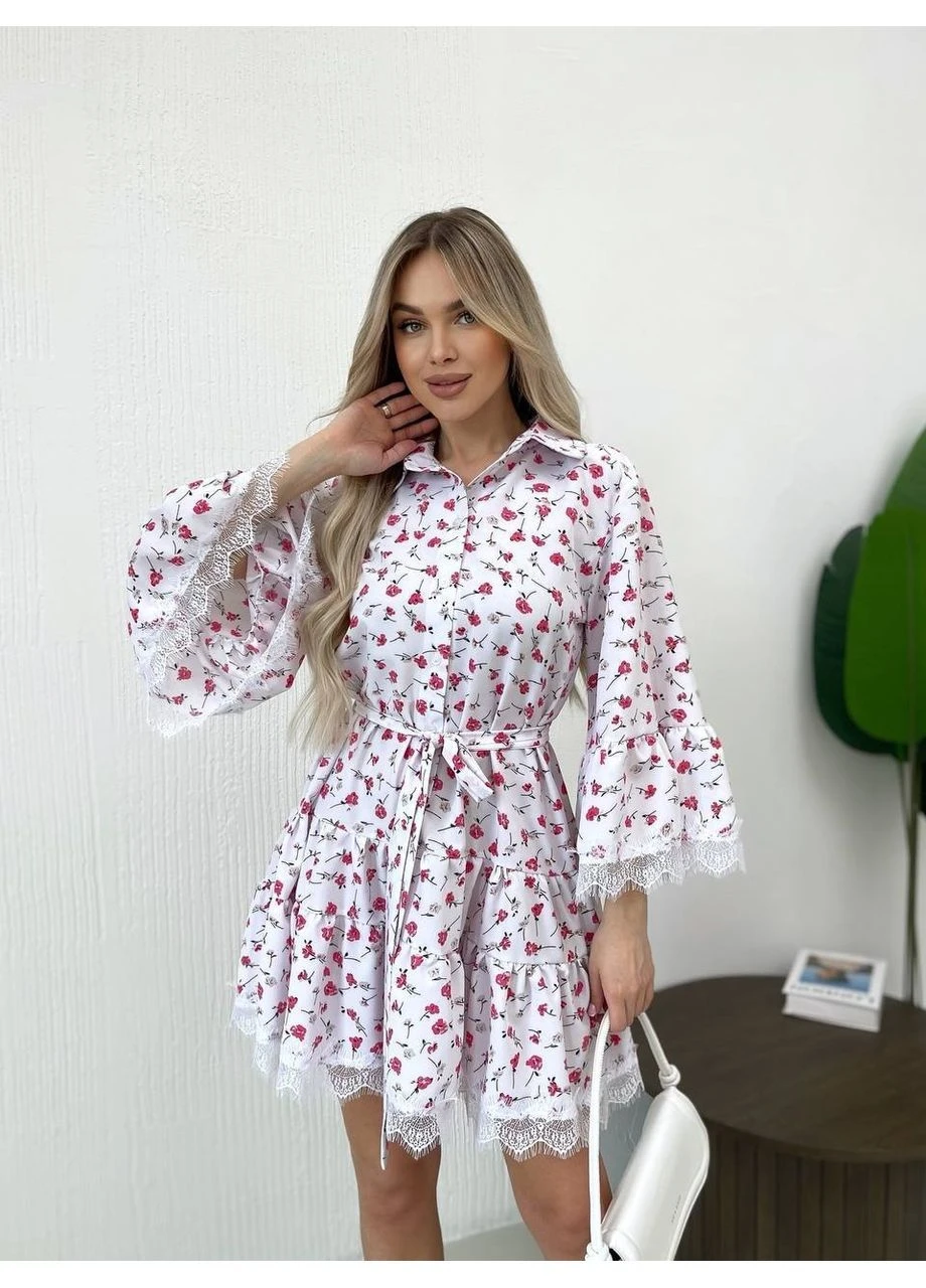 Белое повседневный, праздничный, коктейльное, вечернее женское нежное платье с поясом и кружевом на пуговицах. Nositi с цветочным принтом