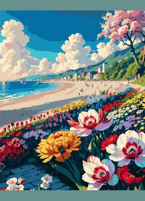 Розмальовка за номерами Море та квіти 40х50см GX47387 Картина по цифрах на полотні Живопис по номерам літній пейзаж Rainbow Art (316660121)