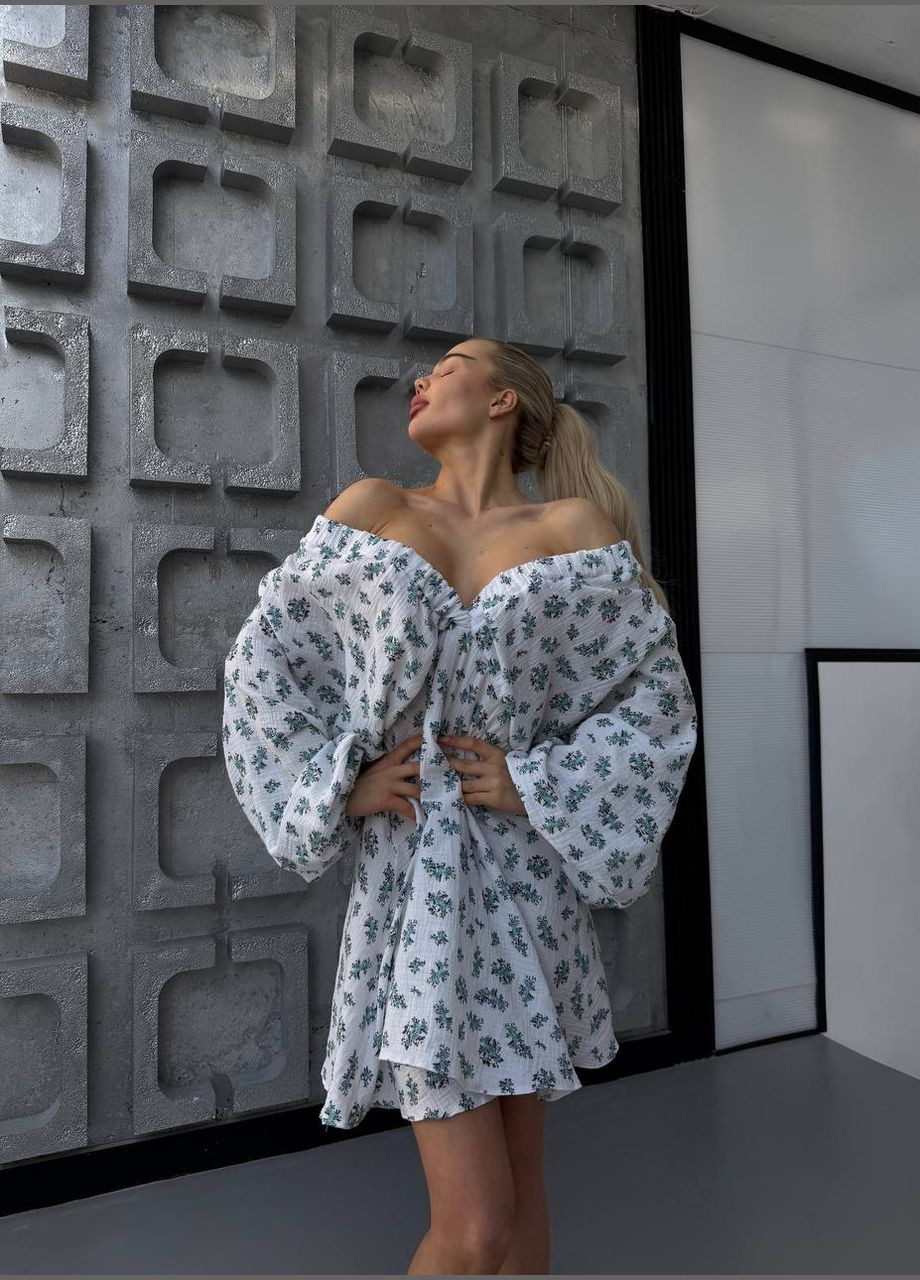 Белое повседневный, кэжуал женское муслиновое платье с принтом No Brand с цветочным принтом