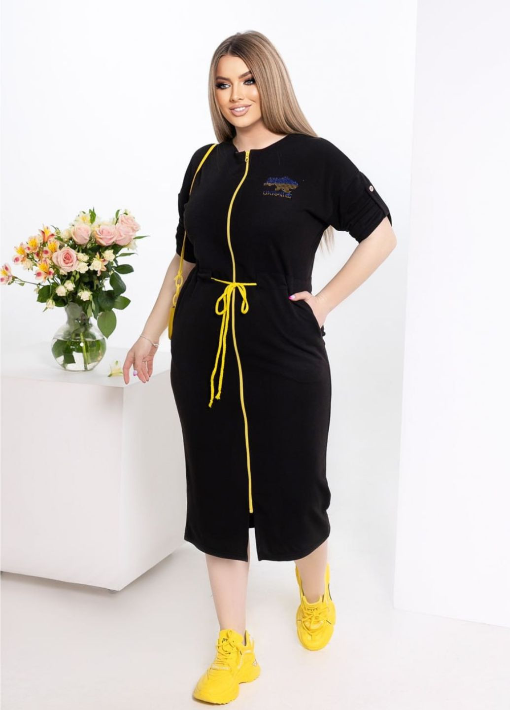 Чорна повсякденний стильна прогулянкова сукня з поясом No Brand з українською символікою