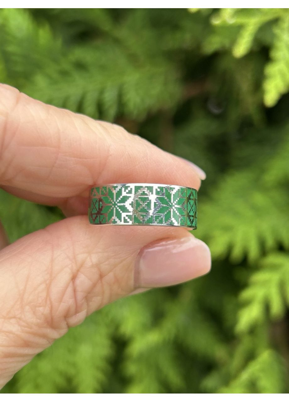 Кольцо серебряное с эмалью Вышиванка зеленая А046кз, размер No Brand (334728957)