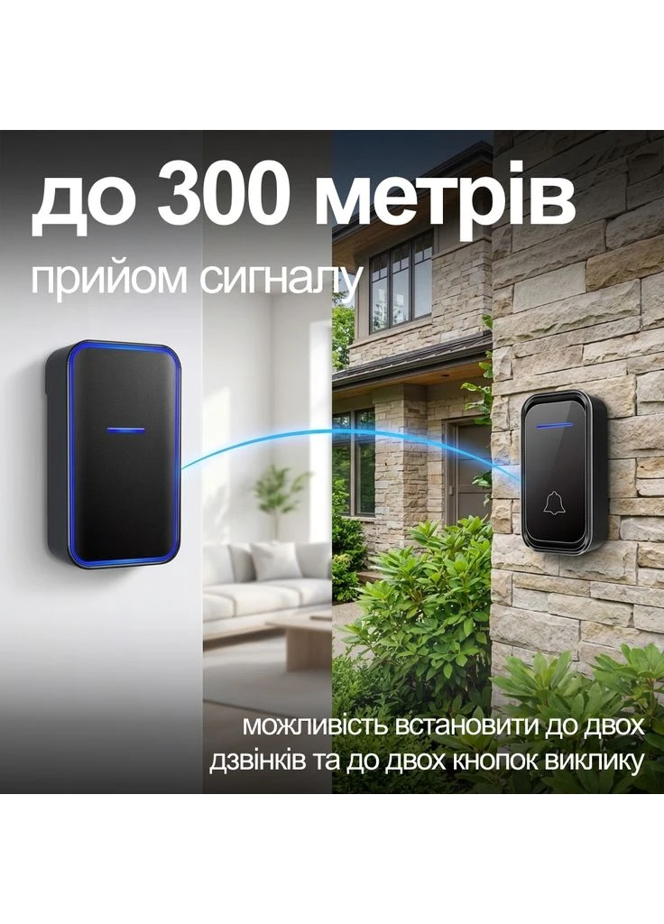 Бездротовий дверний дзвінок з 2-ма кнопками виклику WDB-02-1, 38 мелодій, до 300 м, Чорний Digital Lion (375460824)