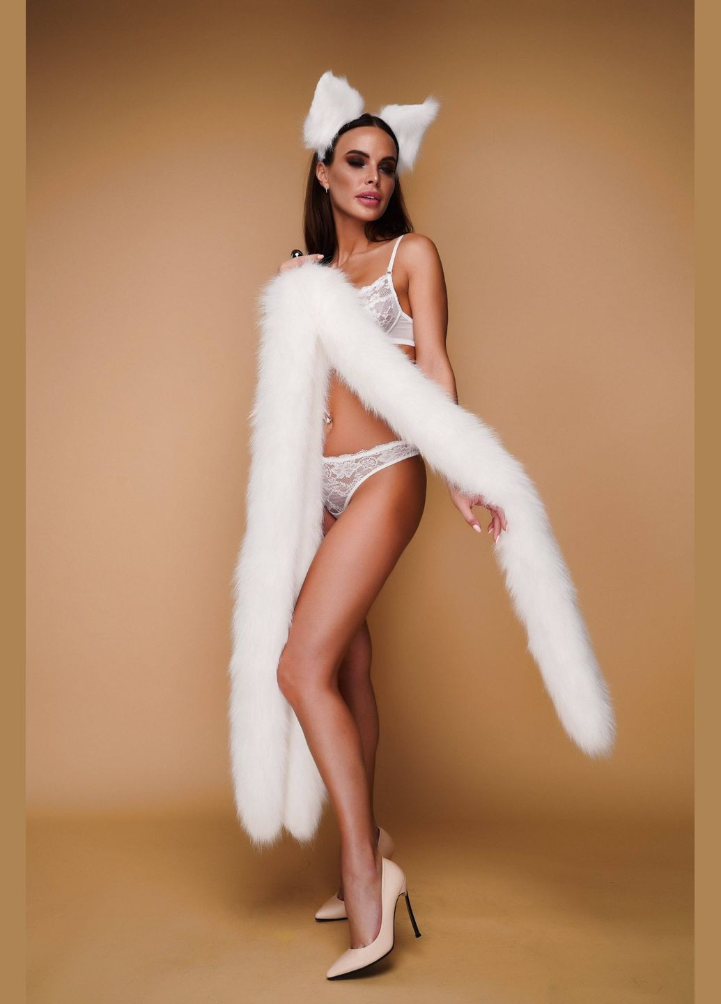 Анальний потрійний хутряний хвіст без пробки, Білий 100 см. OKOVA (315148920)