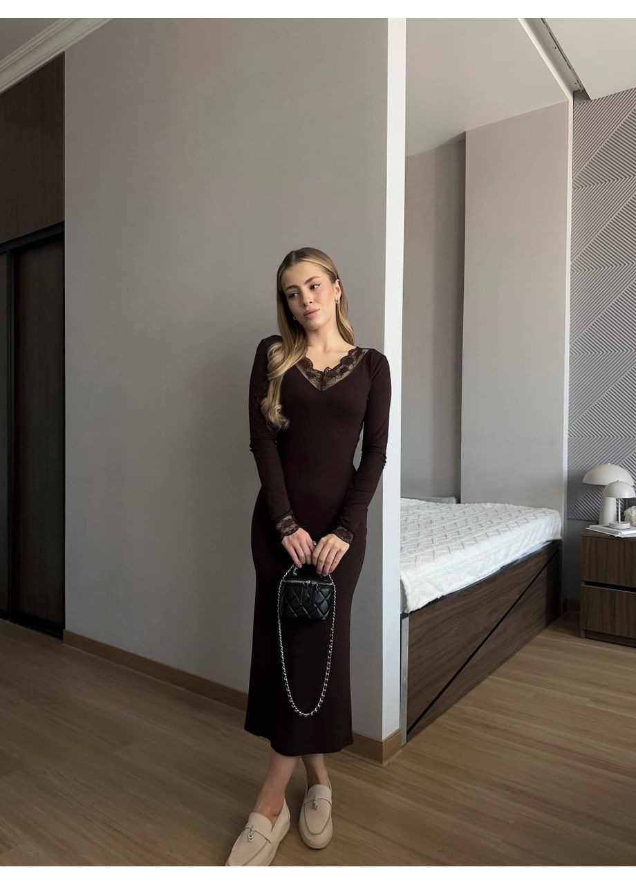 Волошкова ділова віскозна довга сукня футляр, з мереживом, та довгим рукавом мод стх- 423, шоколадний, No Brand