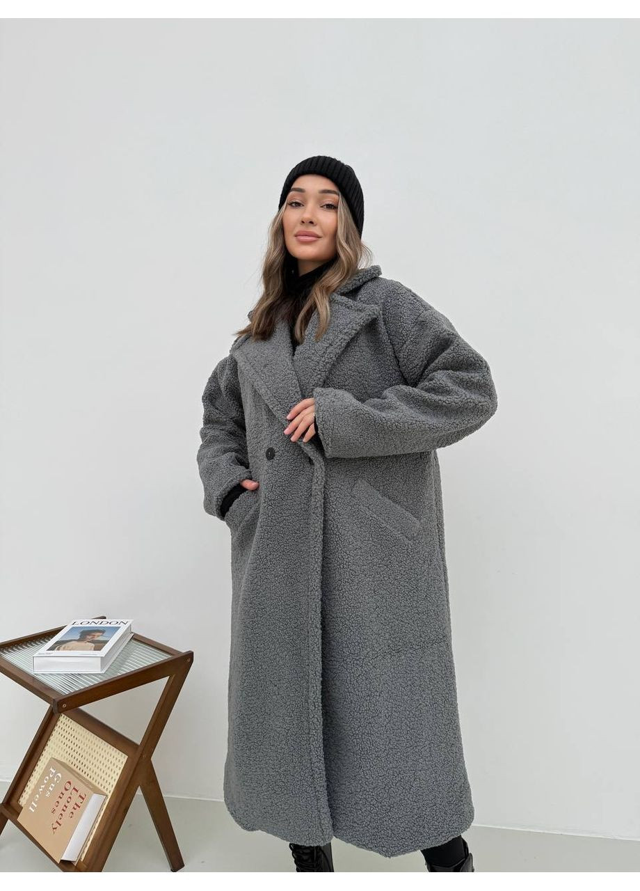 Сіре демісезонне Жіноче тепле пальто з букле сiрого кольору 35209 No Brand