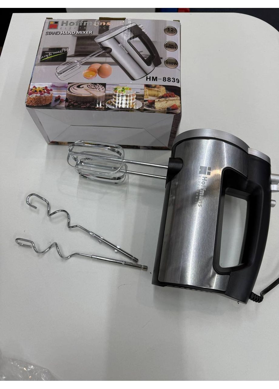 Міксер ручний Hoffmans HM-8839 з насадками 6 швидкостей нержавіюча сталь 800 Вт Сірий No Brand (370606637)