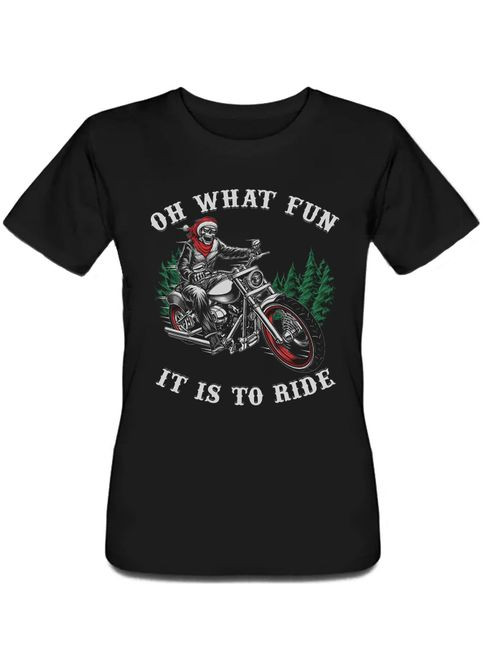 Черная летняя женская футболка oh what fun it is to ride (чёрная) Fat Cat