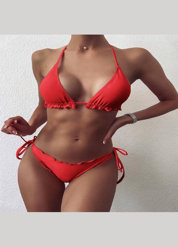 Красный демисезонный женский купальный раздельный в рубчик на завязках (арт.60134) No Brand