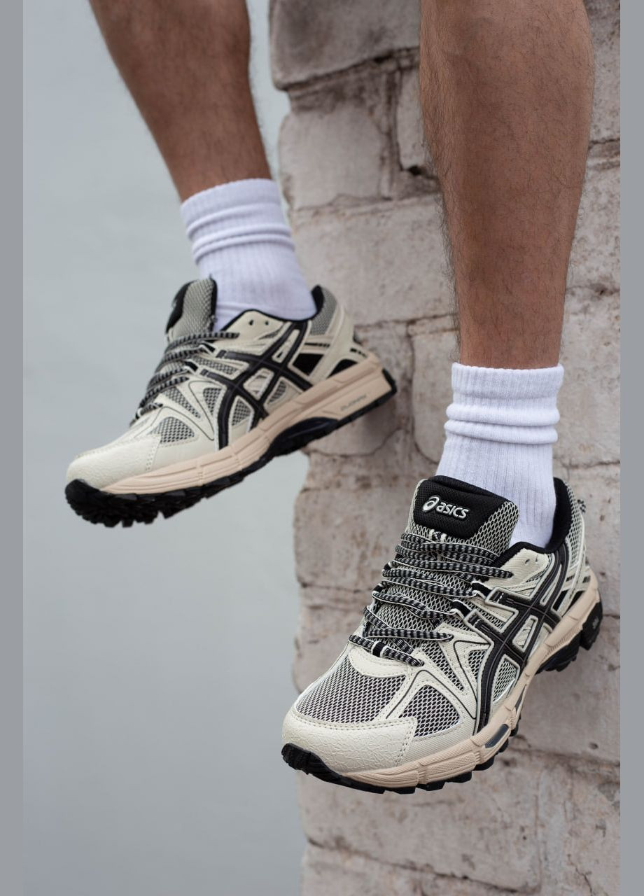 Бежеві чоловічі кросівки текстильні сітка літні асікс гель кахана 8 бежеві з чорним No Brand