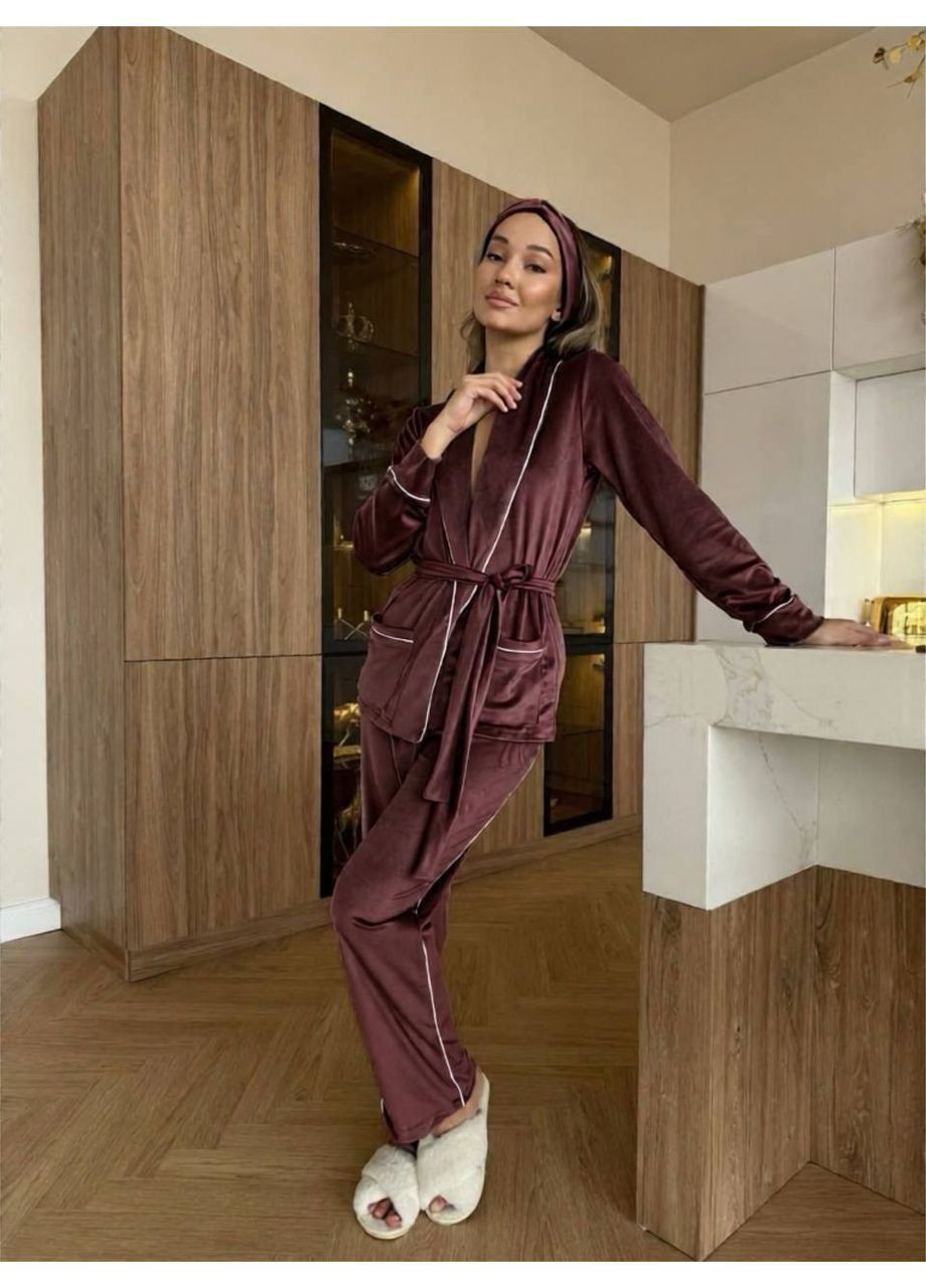 Коричнева жіноча піжама з велюру кофта + брюки Vakko