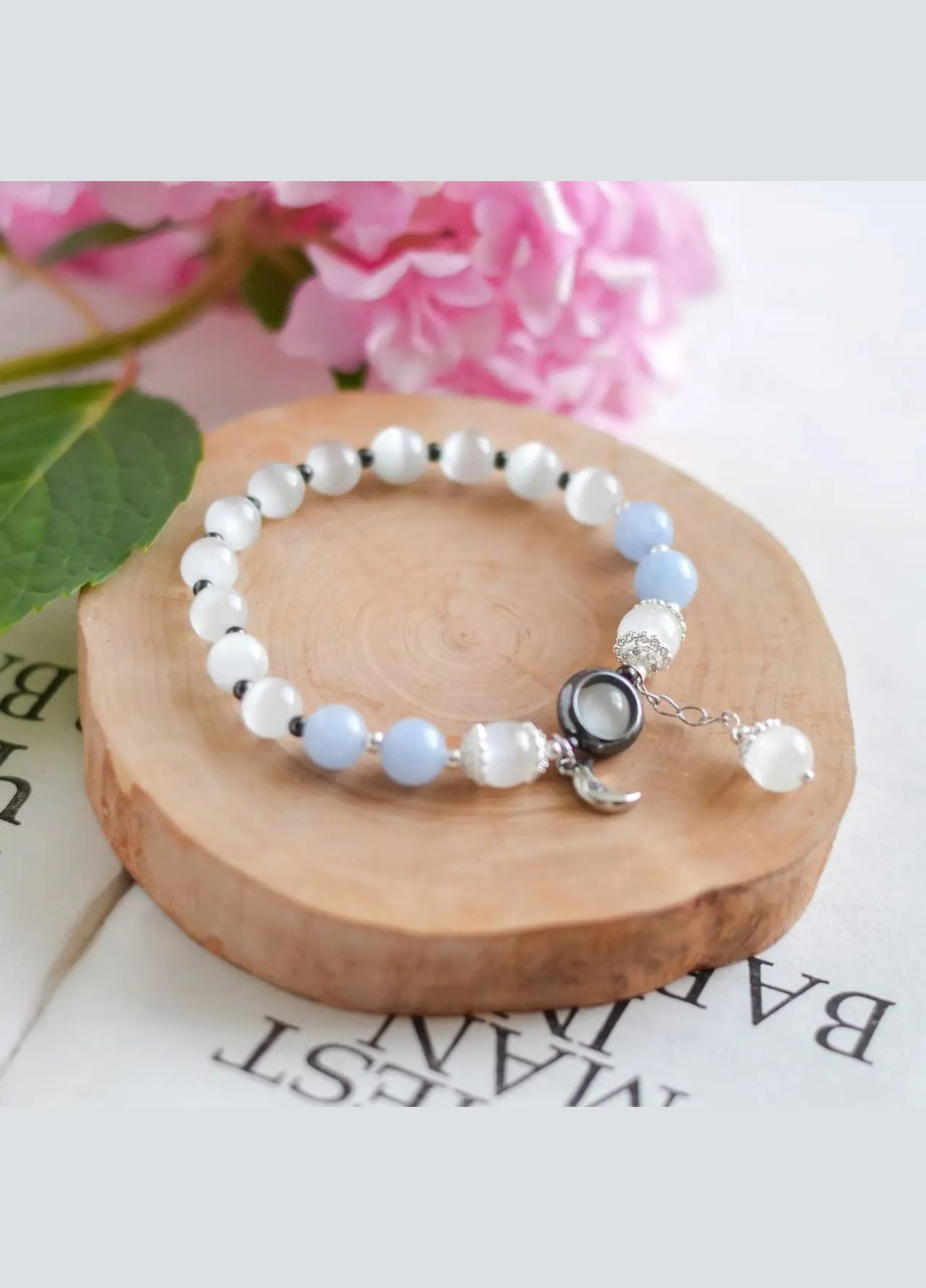 Браслет натуральний Селеніт, Котяче Око синт., Морганіт (Кварц) +вставки, фур-ра гіп-ний сплав d-8мм+- L-18см No Brand браслет (302394538)