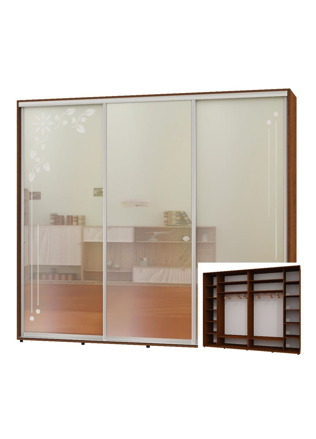 Шафа-купе тридверна 290*60*250 Горіх лісовий 2 Дзеркала з піскострумним малюнком/Дзеркало Люкс-149 Алекса (360443390)