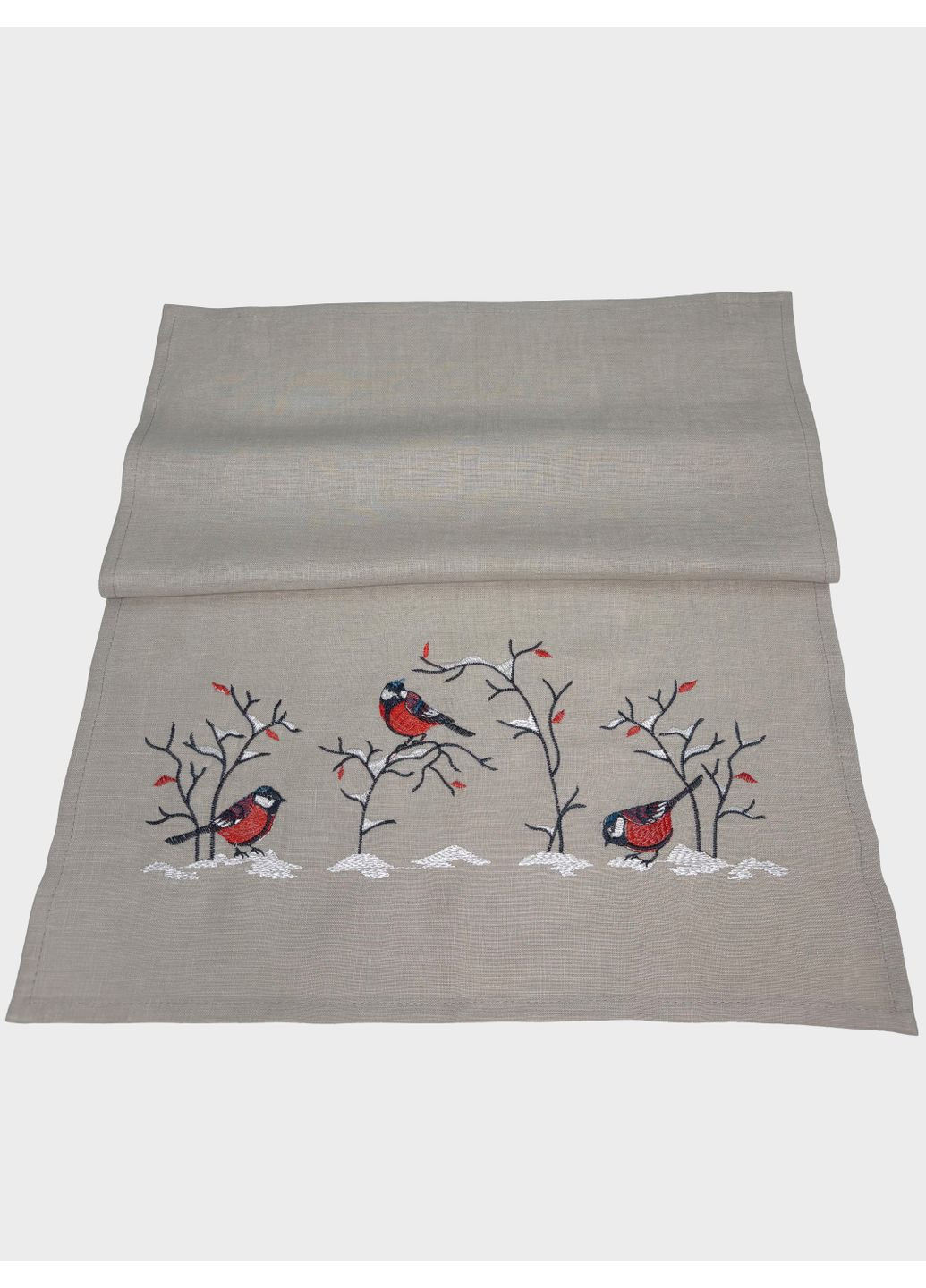 Новогоднее кухонное полотенце из льна с вышитыми синичками в зимнем лесу Птахы. Сынычкы. Серый, р.42*65, код 82-04/208/394 ГАЛЕРЕЯ ЛЬОНУ новогодний серый