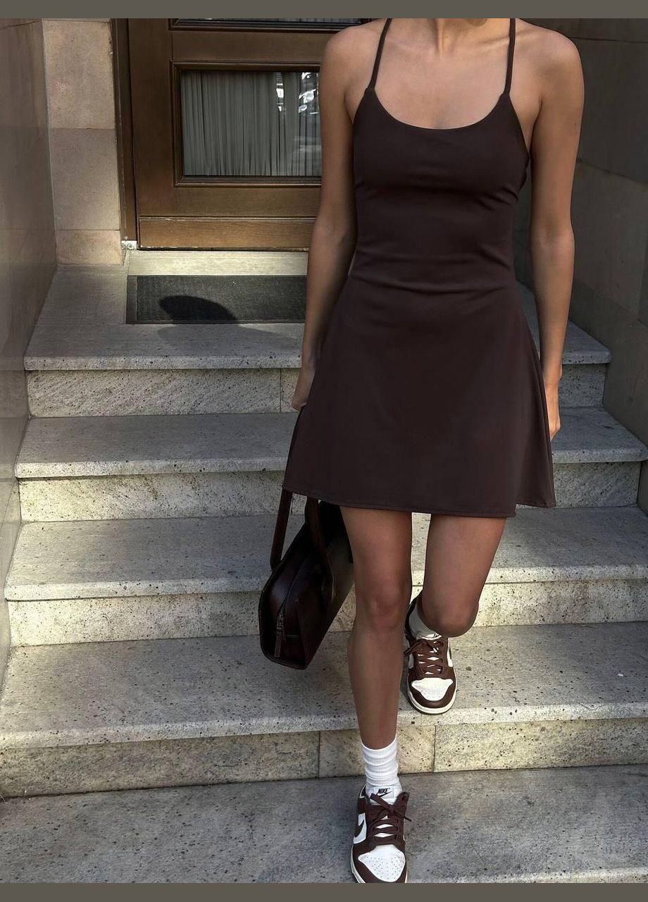 Коричневое повседневный платье женское с открытой спиной modnika №154 дайвинг коричневый 42-44 с открытой спиной JUGO однотонное