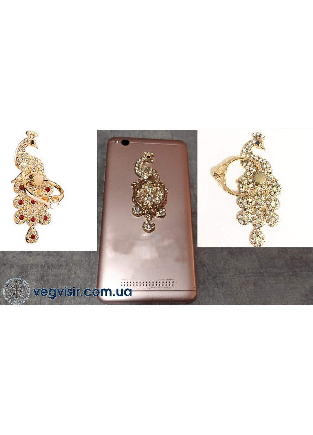 Попсокет тримач на телефон в виді Павліна металевий кристали на палець PopSocket No Brand (339104011)