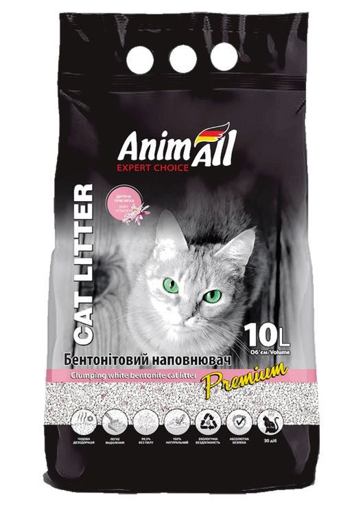 Наповнювач для котів 10 л Бентонітовий білий з ароматом дитячої пудри AnimAll (278309050)