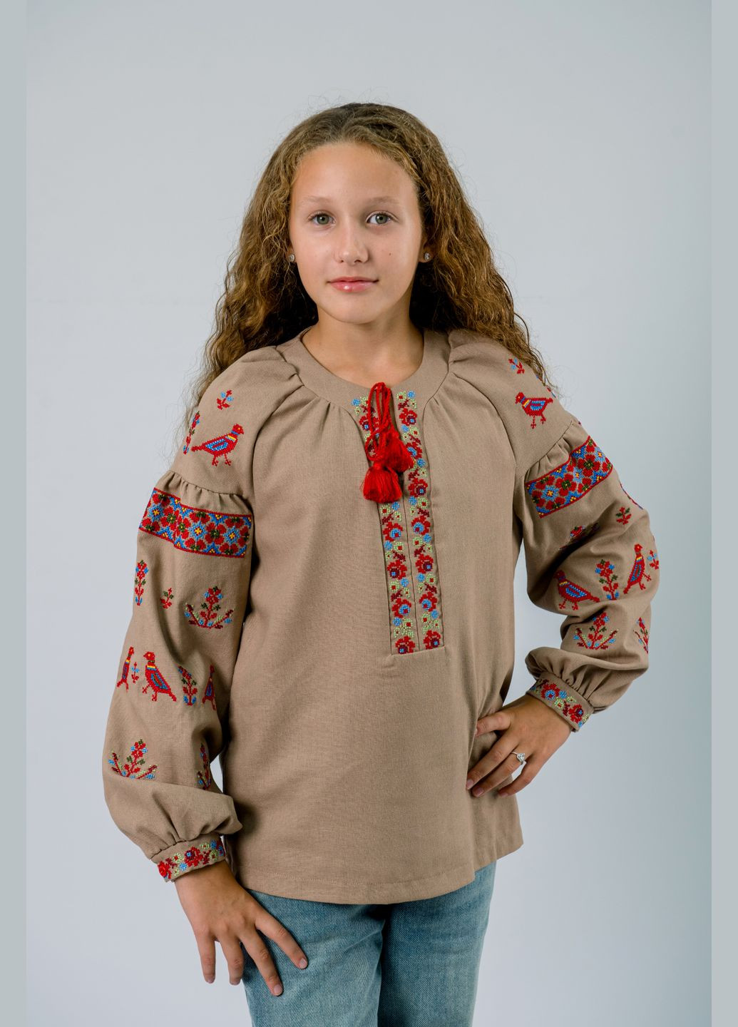 Кофейная вышиванка для девочки кофейная льняная рубашка с вышивкой цветов и птиц узор орнамент лен (326519741)