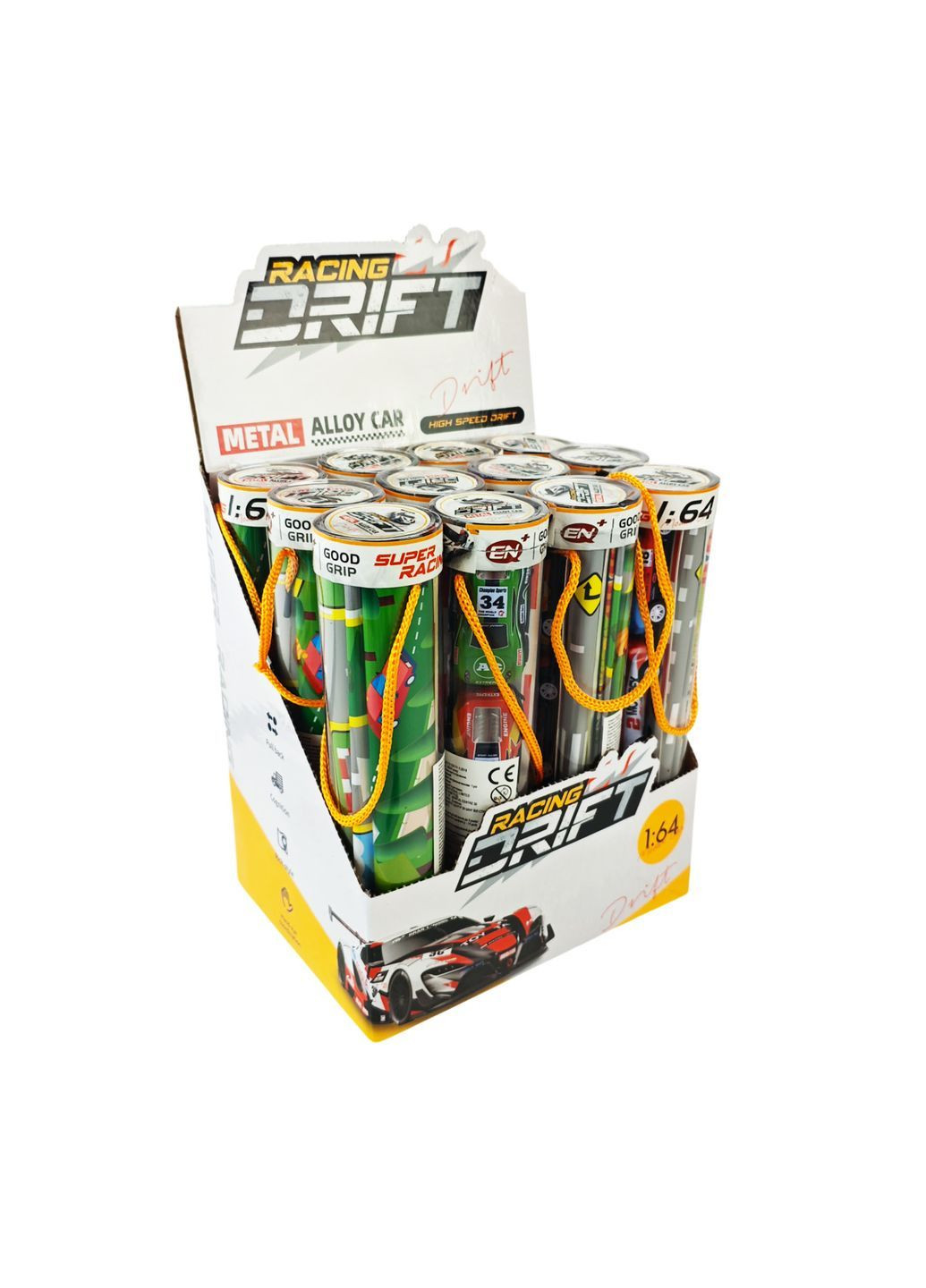 Металева гоночна машинка з ігровим полем в тубусі, набір 12 шт. в асортименті - No Brand E1303A (371927070)